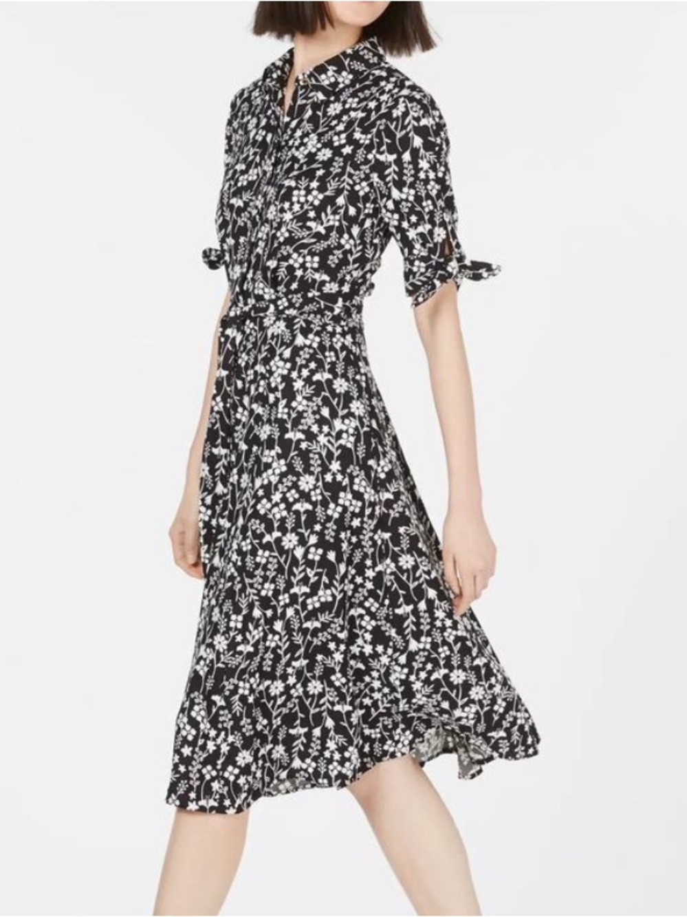 Black Dress with White Floral Overlay Tie Sleeves with Slip Size 14 I-2